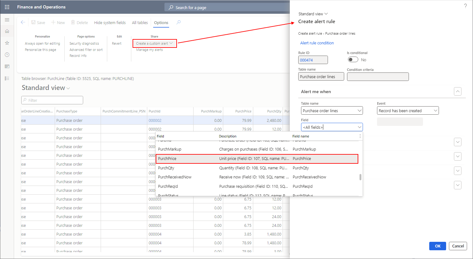Use Table Browser to create alert rules for Line Table fields 1