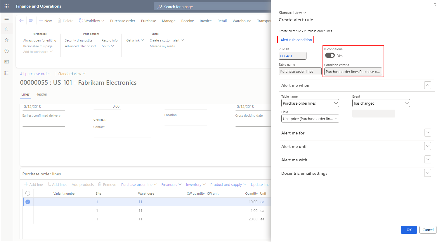 how do i create an alert rule in d365 fo?