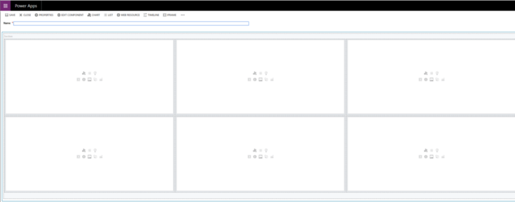 A screen will appear with a space to name your dashboard and six boxes to fill it with your components.