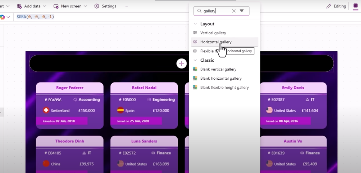 Inside this container, add a gallery to display employee records filtered by department.